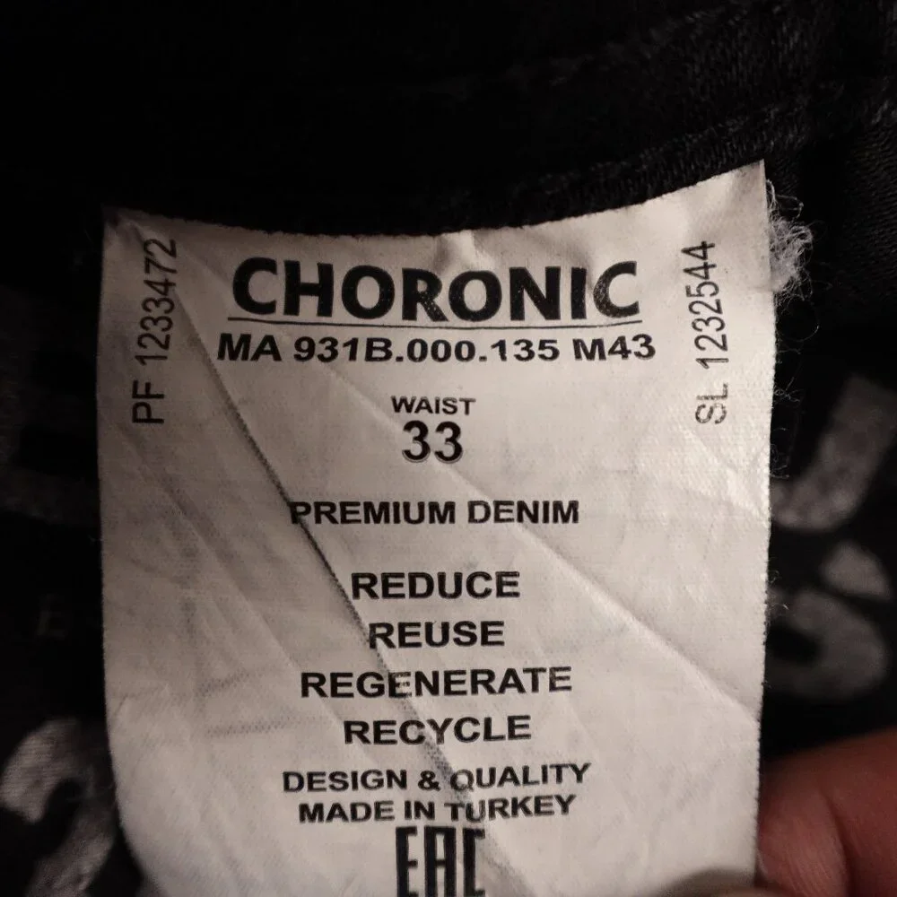 Chronic jeans skinny men's 33 black‎ denim button fly